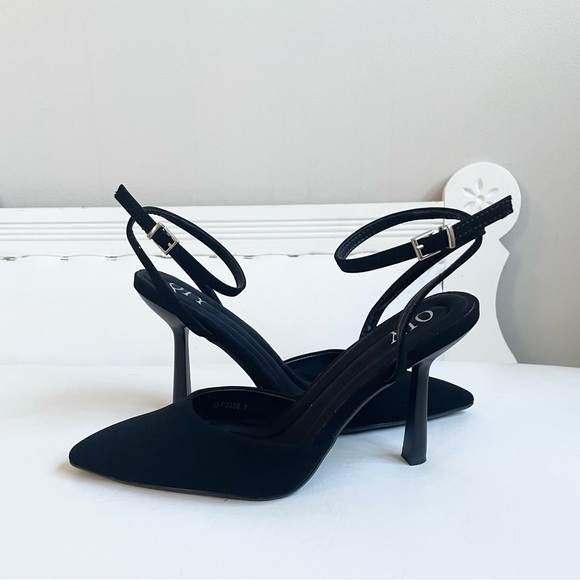 QIY Shoes - QIY BLACK FAUX SEUDE POINTED TOE HIGH HEEL SHOE ANKLE STRAP PADDED FOOTBED
